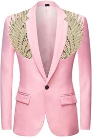 Men's Suit Jackets Colorful Sequin Wing Dress Coats Party Floral Suit Jacket Notched Lapel Slim Fit Tuxedo Blazers (Color: pink4, size: S)