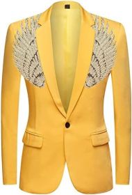Men's Suit Jackets Colorful Sequin Wing Dress Coats Party Floral Suit Jacket Notched Lapel Slim Fit Tuxedo Blazers (Color: yellow2, size: L)