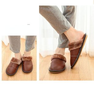 Men's leather cotton slippers; plush anti-skid indoor and outdoor cotton slippers; men's slippers (Color: Brown, size: 39-40)
