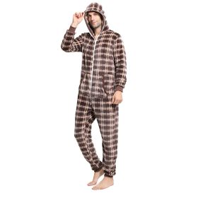 Men's Plaid One-Piece Pajamas Hooded Loungewear Fashion Flannel Pajamas (size: S)