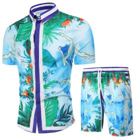 Men's Fashion Printed Two-Piece Suits Short Sleeve Printed Shirt Shorts Tracksuits Beach Style Sets (size: 3XL)