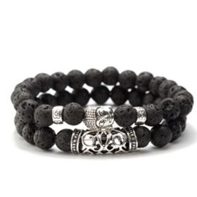Tiger Eye Lava Stone Bead Buddha Bracelet Jewelry Yoga Prayer Bracelets Men Women Mujer Pulseras (Metal Color: black)