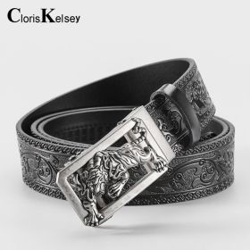 New cross-border trade famous family style personality Tang grass carved cow leather belt Men's leather jeans belt Tiger (Length (CM): 115cm, colour: 2022-22 Tiger Silver Buckle+Tangfeng Black)