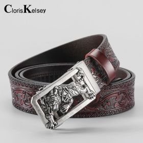 New cross-border trade famous family style personality Tang grass carved cow leather belt Men's leather jeans belt Tiger (Length (CM): 120cm, colour: 2022-22 Tiger Silver Buckle+Tangfeng Coffee)