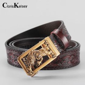 New cross-border trade famous family style personality Tang grass carved cow leather belt Men's leather jeans belt Tiger (Length (CM): 125cm, colour: 2022-22 Tiger Gold Buckle+Tangfeng Coffee)