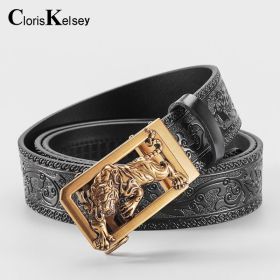 New cross-border trade famous family style personality Tang grass carved cow leather belt Men's leather jeans belt Tiger (Length (CM): 120cm, colour: 2022-22 Tiger Gold Buckle+Tangfeng Black)