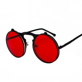 Fashion Vintage Steampunk Sunglasses Retro Round Metal Sun Glasses for Men and Womes (Lenses Color: BlackRed, Frame Color: Black)
