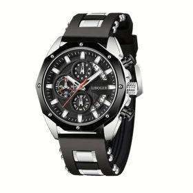 Leisure Business Men's New Quartz Watch, Fashionable Zinc Alloy Case, Silicone Strap, Analog Pointer Display, The Perfect Man's Watch Jewelry Gif (Color: Black+Silver)