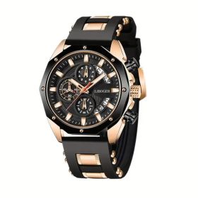 Leisure Business Men's New Quartz Watch, Fashionable Zinc Alloy Case, Silicone Strap, Analog Pointer Display, The Perfect Man's Watch Jewelry Gif (Color: Black+Rose Gold)