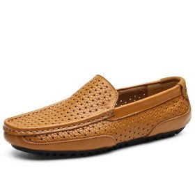 Spring and summer large-size hollowed-out bean shoes men's casual shoes a slip-on loafers fashion loafers (Color: yellow-brown, size: 44)