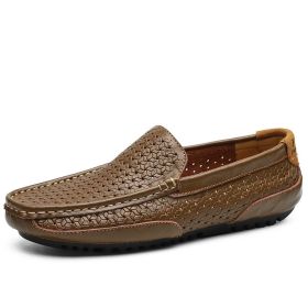 Spring and summer large-size hollowed-out bean shoes men's casual shoes a slip-on loafers fashion loafers (Color: Khaki, size: 41)