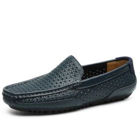 Spring and summer large-size hollowed-out bean shoes men's casual shoes a slip-on loafers fashion loafers (Color: Blue, size: 41)