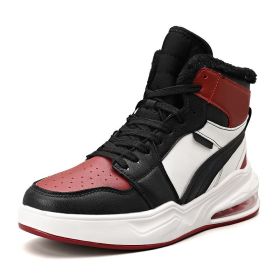 New trend fashion all cushion men's shoes high top board shoes basketball sneakers men's fashion shoes (Color: Black red, size: 45)