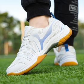 New super light breathable couple badminton shoes Fashion comfortable men's sports shoes tennis shoes (Color: White and blue, size: 36)