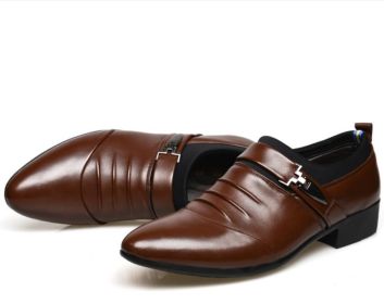 New men's formal single shoes pointed toe set formal leather shoes Korean version comfortable low-help men's casual shoes loafers (Color: Brown, size: 38)