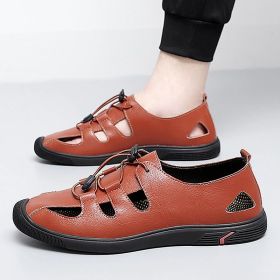 Men's shoes summer new large size sandals breathable casual shoes men hollow leather shoes crocs (Color: Light Brown, size: 41)