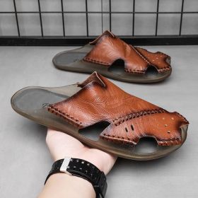 Men's summer leather fashion casual slippers large size shoes comfortable breathable men's slippers beach shoes (Color: Red brown, size: 44)
