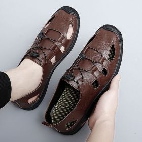Men's shoes summer new large size sandals breathable casual shoes men hollow leather shoes crocs (Color: Brown, size: 40)