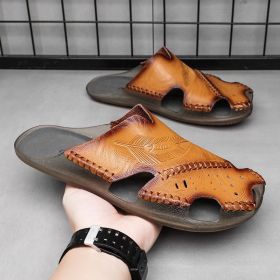 Men's summer leather fashion casual slippers large size shoes comfortable breathable men's slippers beach shoes (Color: yellowish-brown, size: 46)