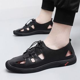 Men's shoes summer new large size sandals breathable casual shoes men hollow leather shoes crocs (Color: Black, size: 44)