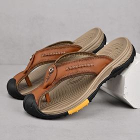 Summer men's new first layer cowhide flip-flops fashion all comfortable men's slippers beach shoes (Color: Brown, size: 45)