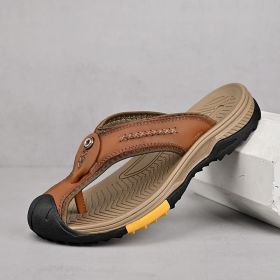 Summer men's new first layer cowhide flip-flops fashion all comfortable men's slippers beach shoes (Color: Brown, size: 43)