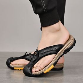 Summer men's new first layer cowhide flip-flops fashion all comfortable men's slippers beach shoes (Color: Black, size: 38)
