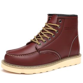 Autumn and winter men's cashmere plus large size two layer cowhide Martin boots fashion trend comfortable warm men's ankle boots (Color: Wine red with velvet, size: 46)