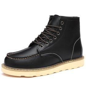 Autumn and winter men's cashmere plus large size two layer cowhide Martin boots fashion trend comfortable warm men's ankle boots (Color: Black fleece, size: 40)