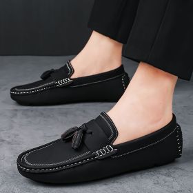 New fringe men's bean shoes comfortable trend with a slip-on loafers men's loafers driving shoes (Color: Black, size: 40)