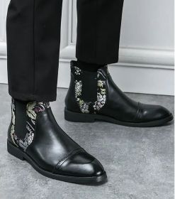 Autumn new men's Chinese style Chelsea boots Fashion personality trend embroidered leather boots for men (Color: Black, size: 46)