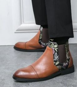 Autumn new men's Chinese style Chelsea boots Fashion personality trend embroidered leather boots for men (Color: Brown, size: 39)