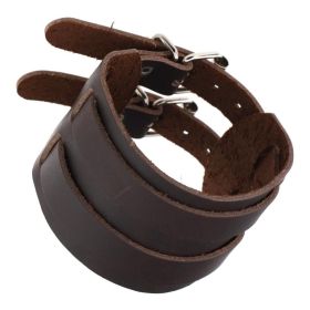 Punk Bracelet Vintage Leather Bracelet Wide Cowhide Double Buckle Men's and Women's Bracelet (Color: Dark Brown)