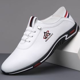 Men's casual shoes new breathable deodorant white casual shoes leather soft soled slip-on bean shoes (Color: White, size: 39)