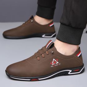 Men's casual shoes new breathable deodorant white casual shoes leather soft soled slip-on bean shoes (Color: Brown, size: 40)