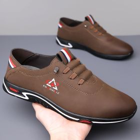 Men's casual shoes new breathable deodorant white casual shoes leather soft soled slip-on bean shoes (Color: Brown, size: 41)