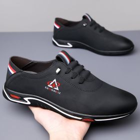 Men's casual shoes new breathable deodorant white casual shoes leather soft soled slip-on bean shoes (Color: Black, size: 42)