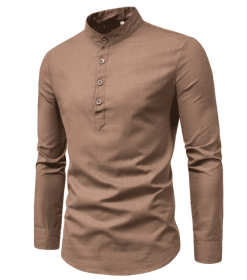 Men's casual slim fitting standing collar long sleeved shirt (Color: Brown, size: XL)