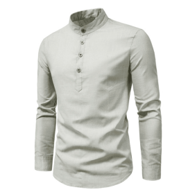 Men's casual slim fitting standing collar long sleeved shirt (Color: Gray, size: L)