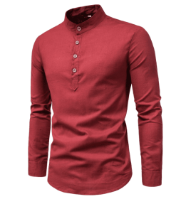 Men's casual slim fitting standing collar long sleeved shirt (Color: Red, size: XXL)
