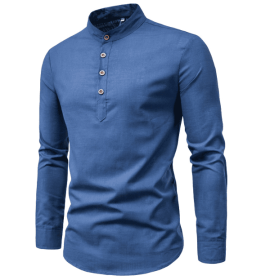 Men's casual slim fitting standing collar long sleeved shirt (Color: Blue, size: XL)
