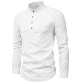 Men's casual slim fitting standing collar long sleeved shirt (Color: White, size: 5XL)