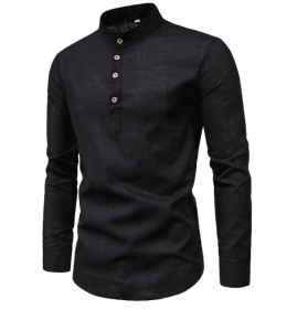 Men's casual slim fitting standing collar long sleeved shirt (Color: Black, size: XXL)