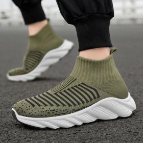 New trend fashion large size flying knit high top casual shoes fashionable men's shoes (Color: Green, size: 42)