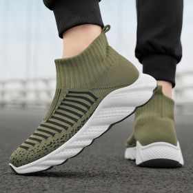 New trend fashion large size flying knit high top casual shoes fashionable men's shoes (Color: Green, size: 43)