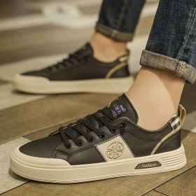 Men's new leather leather light luxury fashion board shoes trend fashion all match small white shoes casual men's shoes (Color: Black, size: 39)
