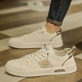Men's new leather leather light luxury fashion board shoes trend fashion all match small white shoes casual men's shoes (Color: Beige, size: 43)