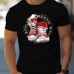 Canvas Shoe Pattern Printed Men's Creative Top, Casual Short Sleeved Round Neck T-shirt, Summer Outdoor Men's Clothing (Color: Black, size: M)