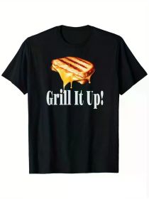 1pc Grill It Up! Grilled Cheese Print T-Shirt - 100% Cotton, Casual Crew Neck, Short Sleeve, All-Season Comfort, Slight Stretch (Color: Black, size: S)