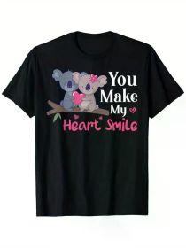 [Everyday Comfort] Valentine's Day Koala Graphic T-Shirt - 'You Make My Heart Smile' Design, 100% Cotton, Black Short Sleeve (Color: Black, size: S)